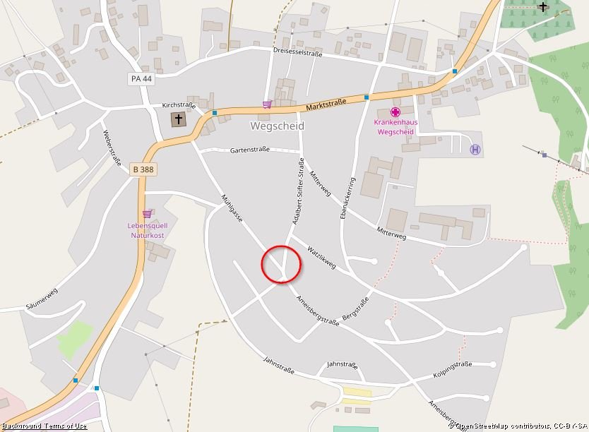Ortsplan von Wegscheid. Im Kreis befindet sich die Kohlbauerkapelle Wegscheid auf Openstreetmap
