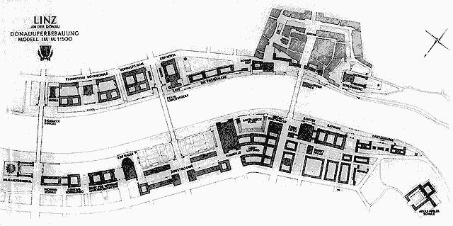 Lageplan der Donauuferbebauung Hitlers Linz - Ideologisches Verwaltungs- und Freizeitzentrum an der Donau