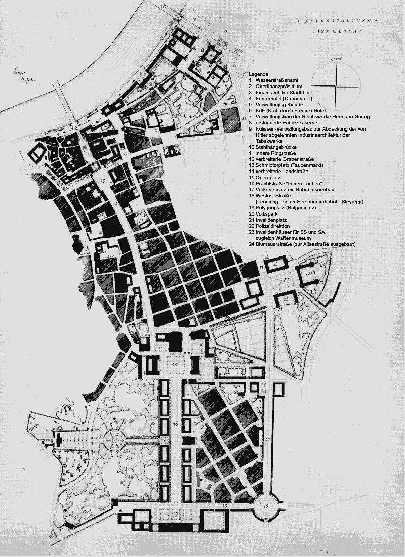 Neugestaltung von Linz / Südlicher Abschnitt mit Ausschnitt Donauuferbebauung, verbreiterter Landstraße und Linzer Achse / Projekt Reichsbaurat Roderich Fick / Planungsstand April 1944 Hitlers Linz - Planungsstellen und Planungskonzepte