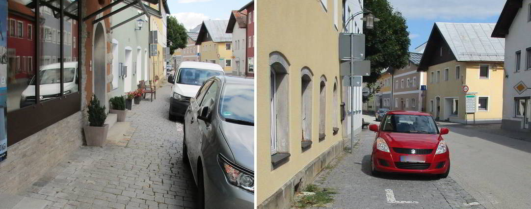 In der Marktstraße Wegscheid gibt es keine Bürgersteige, nur Randstreifen, die so tun als ob